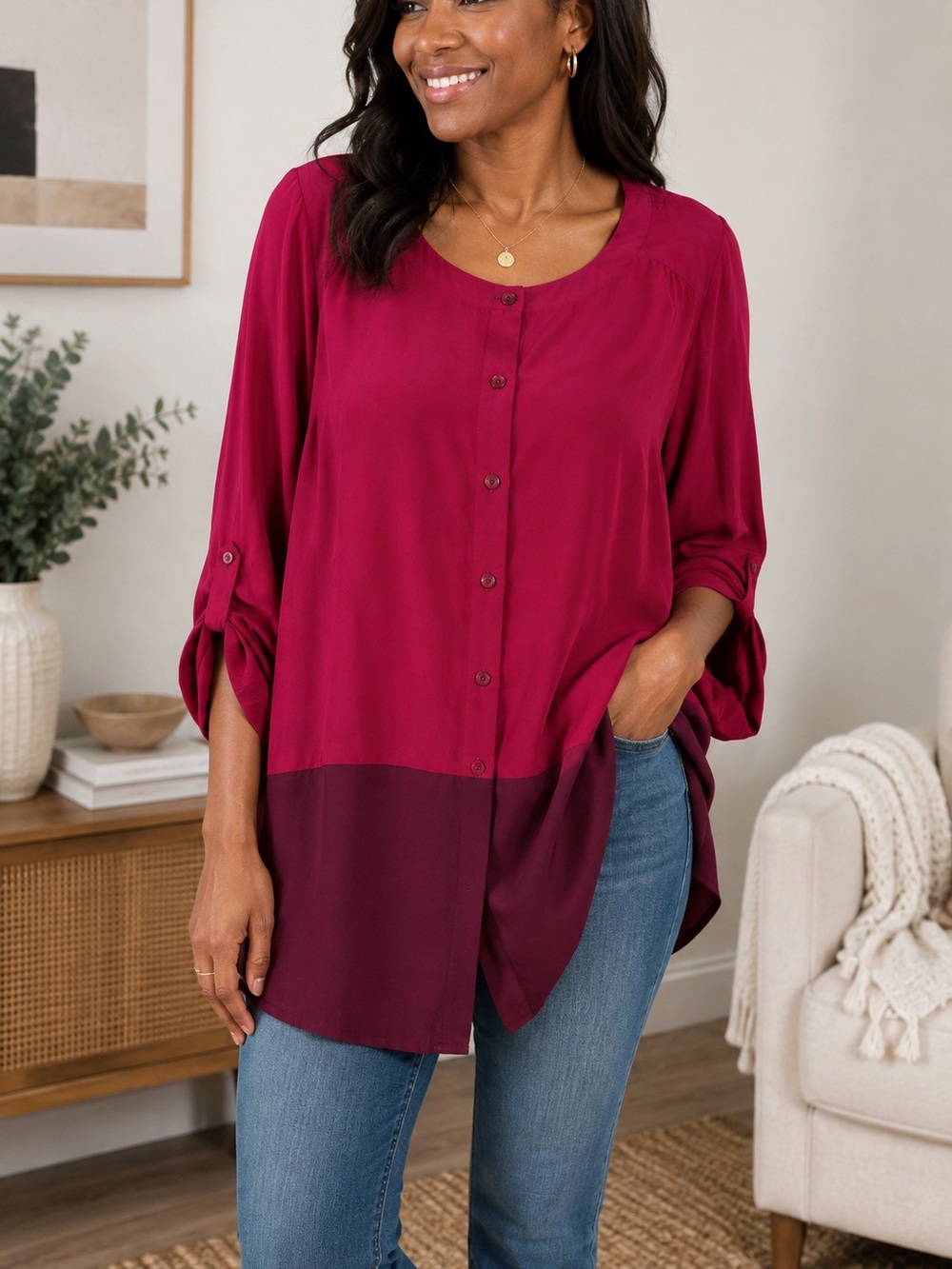 Eileen Fisher 100% Silk Colorblock Tunic Blouse Medium Berry Burgundy